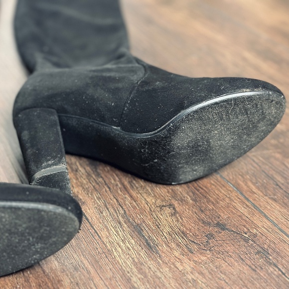 ✨ Black Faux Suede Thigh-High Drawstring Boots – 3¼" Heel ✨ - Picture 8 of 10